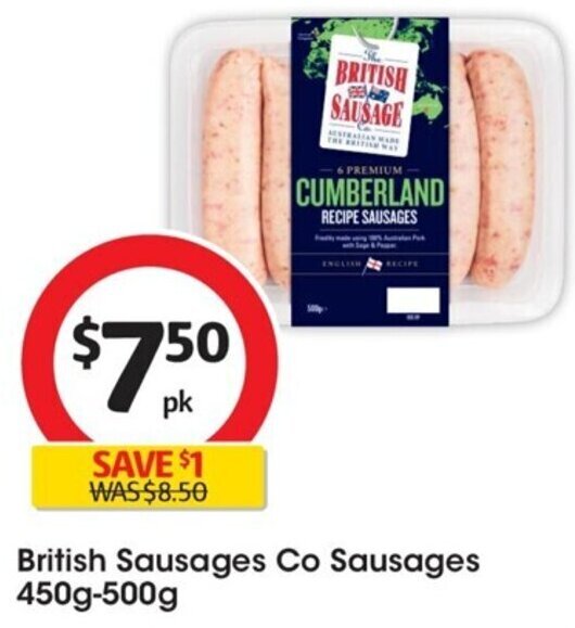 British Sausages Co Sausages 450g500g offer at Coles