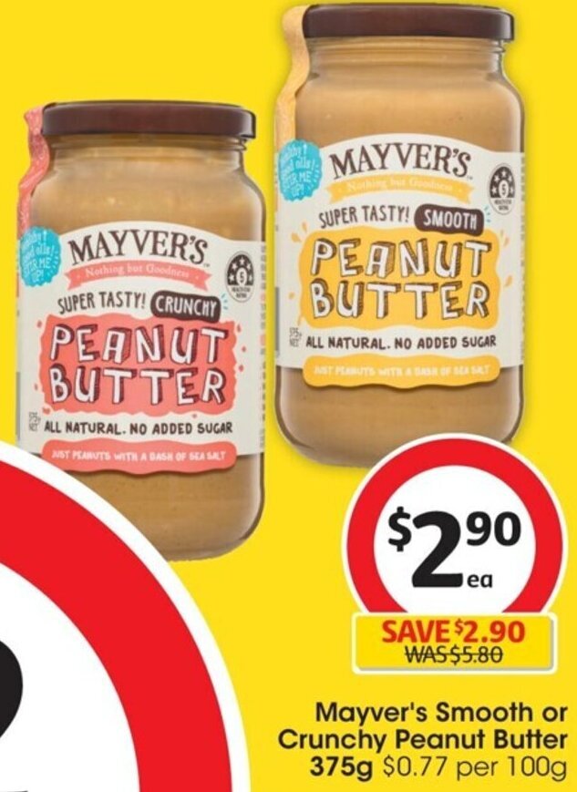 Mayver's Smooth or Crunchy Peanut Butter 375g offer at Coles