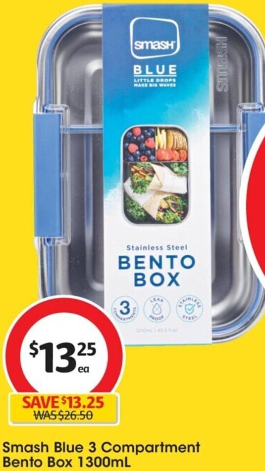 Smash Blue 3 Compartment Bento Box 1300ml offer at Coles