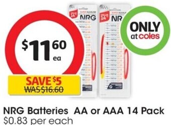 Coles NRG Batteries AA or AAA 14 Pack offer