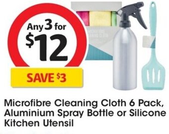 Coles Microfibre Cleaning Cloth 6 Pack, Aluminium Spray Bottle or Silicone Kitchen Utensil offer