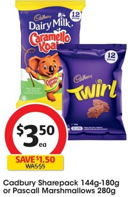 Cadbury Sharepack 144g180g or Pascall Marshmallows 280g offer at Coles