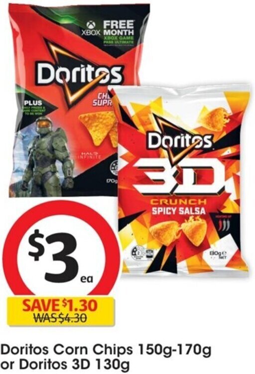 Doritos Corn Chips 150g170g or Doritos 3D 130g offer at Coles