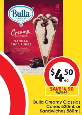 Coles Bulla Creamy Classics Cones 520ml or Sandwiches 560ml offer
