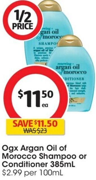 Coles Ogx Argan Oil of Morocco Shampoo or Conditioner 385ml offer