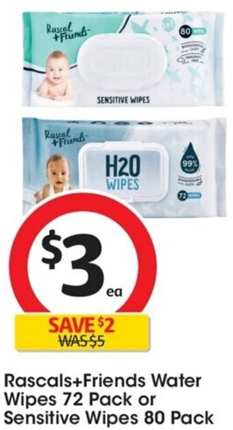 Coles Rascals+Friends Water Wipes 72 Pack or Sensitive Wipes 80 Pack offer