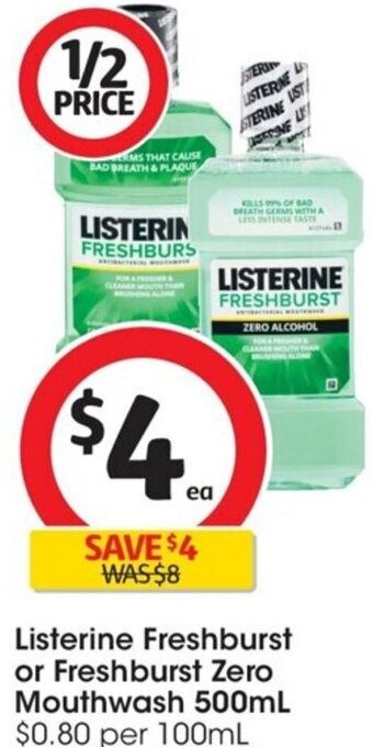 Coles Listerine Freshburst or Freshburst Zero Mouthwash 500ml offer