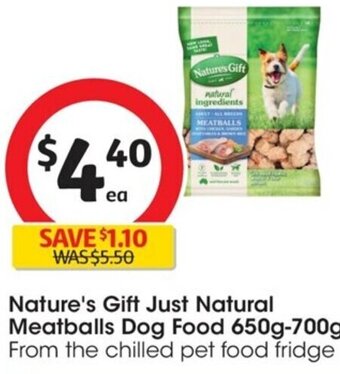 Coles Nature's Gift Just Natural Meatballs Dog Food 650g-700g offer