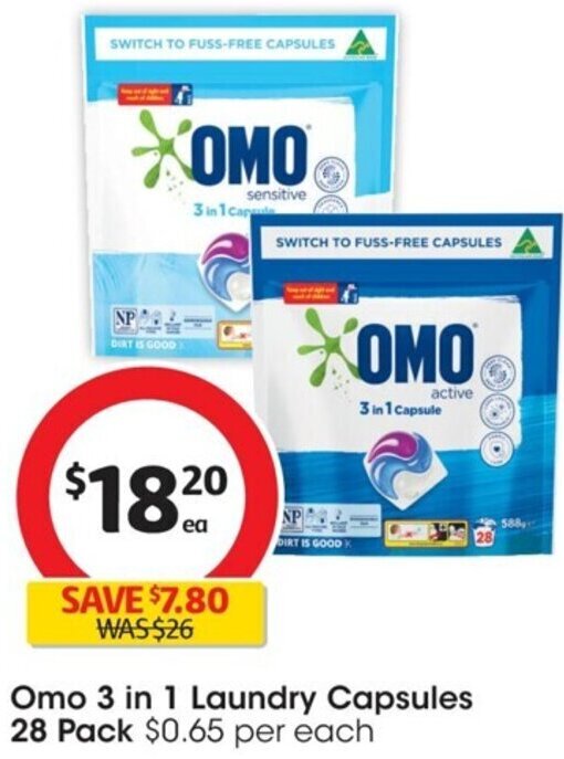 Omo 3 in 1 Laundry Capsules 28 Pack offer at Coles