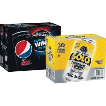Woolworths Pepsi, solo, sunkist or schweppes lemonade soft drink can varieties 30 x 375ml offer
