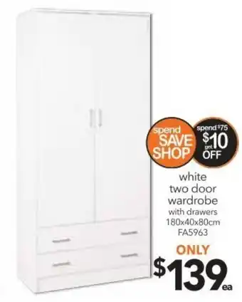 Cheap as Chips White Two Door Wardrobe 180x40x80cm offer
