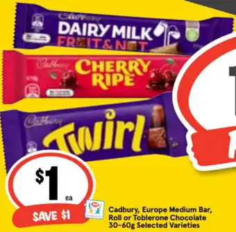 Ritchies Cadbury, Europe Medium Bar, Roll or Toblerone Chocolate 30-60g offer