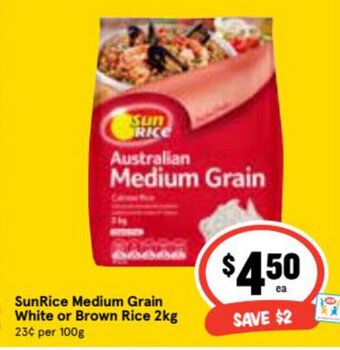 SunRice Medium Grain White or Brown Rice 2kg