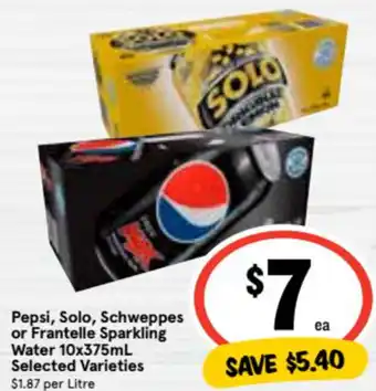 Ritchies Pepsi, Solo, Schweppes or Frantelle Sparkling Water 10x375ml offer