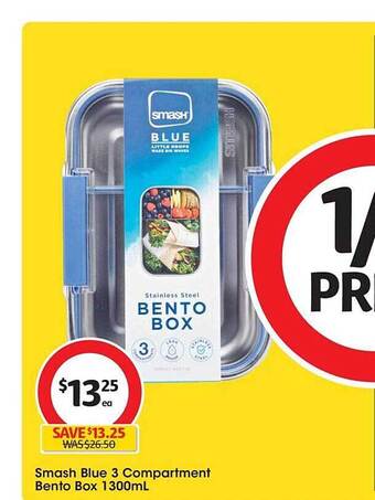 Coles Smash blue 3 compartment bento box 1300ml offer