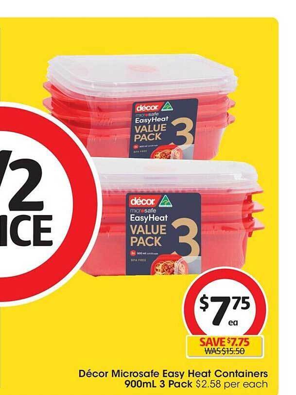 Décor microsafe easy heat containers 900ml 3 pack offer at Coles