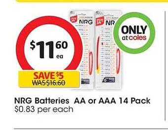 Coles Nrg batteries aa or aaa 14 pack offer