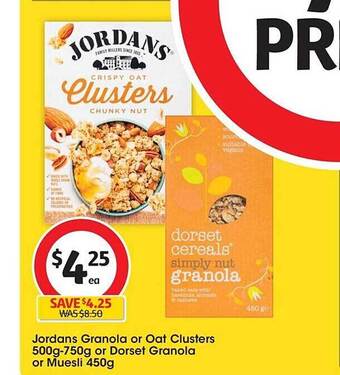 Coles Jordans granola or oat clusters 500g-750g or dorset granola or muesli 450g offer