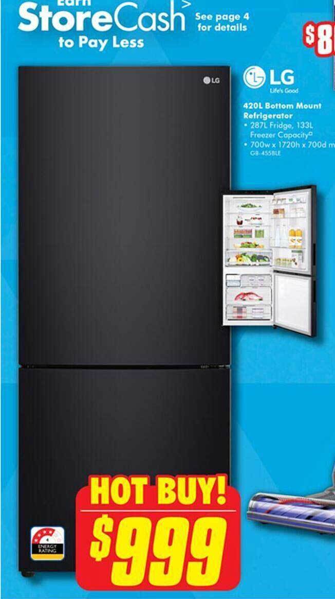 Lg 420l bottom mount refrigerator offer at The Good Guys
