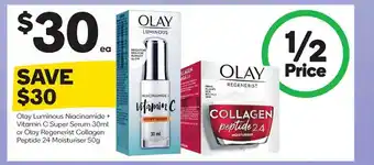 Woolworths Olay luminous niacinamide + or olay regenerist collagen peptide 24 moisturiser 50g offer