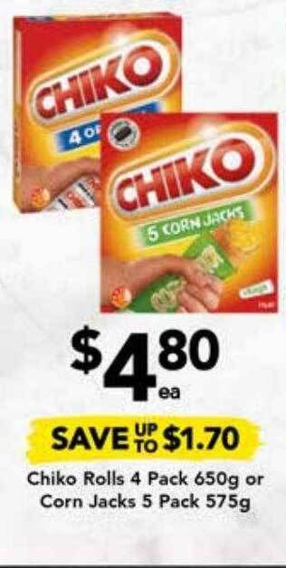 Drakes Chiko rolls 4 pack or corn jacks 5 pack offer