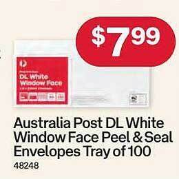 Australia Post Australia post dl white window face peel & seal envelopes tray of 100 offer