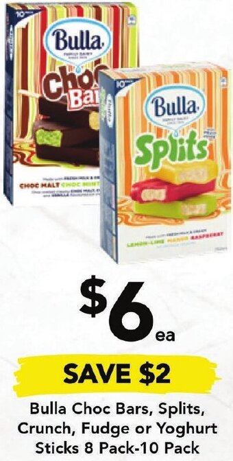 Drakes Bulla choc Bars, Splits, Crunch, Fudge or Yoghurt Sticks 8 Pack-10 Pack offer