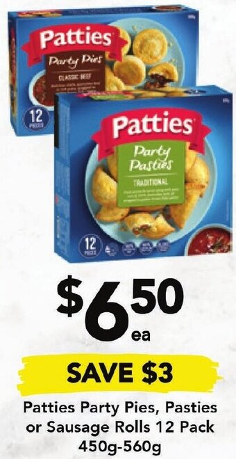 Drakes Patties Party Pies, Pasties or Sausage Rolls 12 Pack 450g-560g offer