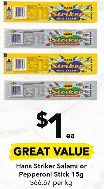 Drakes Hans Striker Salami or Pepperoni Stick 15g offer