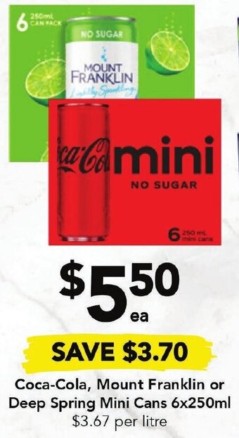 Drakes Coca-Cola, Mount Franklin or Deep Spring Mini Cans 6x250ml offer