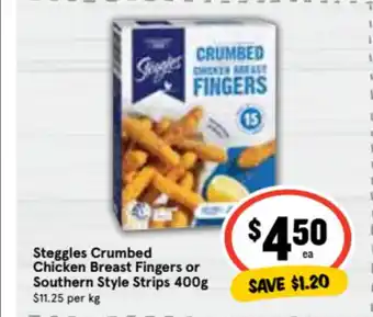 Ritchies Steggles Crumbed Chicken Breast Fingers or Southern Style Strips 400g offer