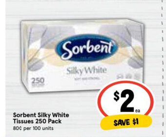 Sorbent Silky White Tissues 250 Pack