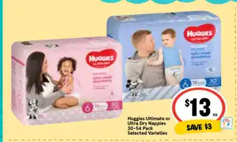 Ritchies Huggies Ultimate or Ultra Dry Nappies 30-54 Pack Selected Varieties offer