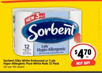 Ritchies Sorbent Silky White Embossed or 3 Ply Hypo-Allergenic Pure White Rolls 12 Pack offer