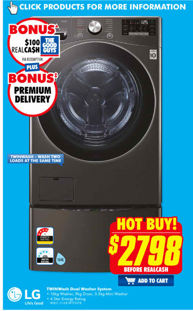 LG TwinWash Dual Washer System offer at The Good Guys