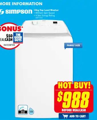 The Good Guys SIMPSON - 10kg Top Load Washer - SWT1043 offer