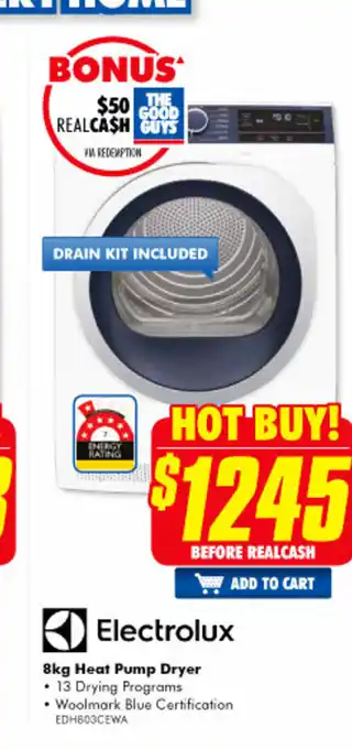 The Good Guys Electrolux - 8kg Heat Pump Dryer - EDH803CEWA offer