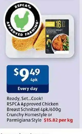 ALDI Ready, set....cook! rspca approved chicken breast schnitzel crunchy homestyle or parmigiana style offer