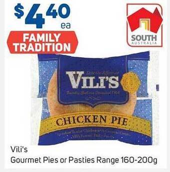 Foodland Vili's gourmet pies or pasties range offer