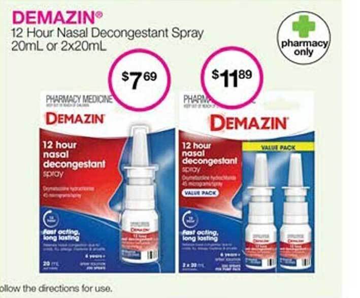 Demazin 12 hour nasal decongestant spray 20ml or 2x20ml offer at Priceline