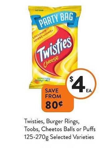 Foodworks Twisties, burger rings, toobs, cheetos balls or puffs offer