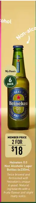 Dan Murphy's Heineken 0.0 Non Alcoholic Lager Bottles 6x330mL offer