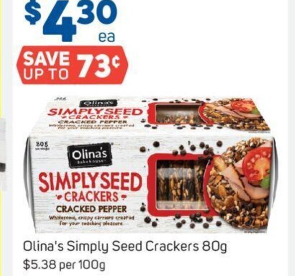 Olina's Simply Seed Crackers 80g offer at Foodland