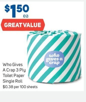 Foodland Who Gives a Crap 3 Ply Toilet Paper Single Roll offer