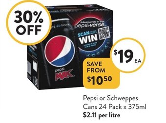Foodworks Pepsi or Schweppes Cans 24 Pack x 375ml offer