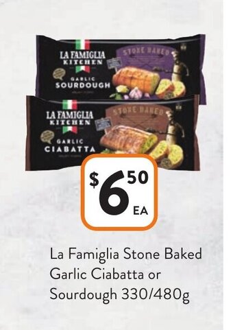 Foodworks La Famiglia Stone Baked Garlic Ciabatta or Sourdough 330/480g offer