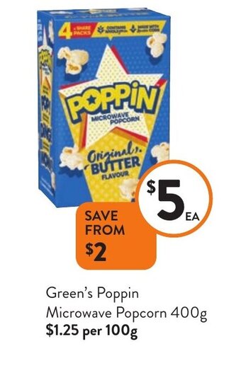 Foodworks Green's Poppin Microwave Popcorn 400g offer