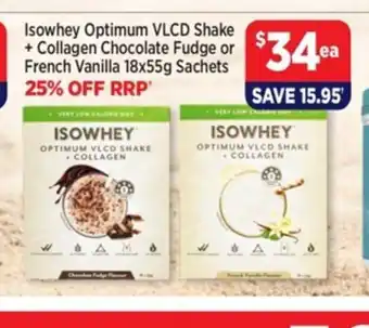 Isowhey Optimum VLCD Shake +Collagen Chocolate Fudge or French Vanilla 18x55g Sachets