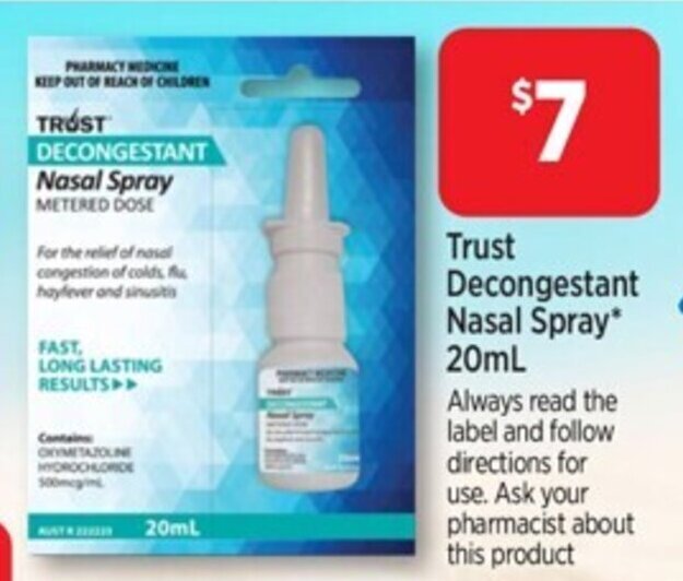 Trust decongestant nasal spray 20ml offer at Star Discount Chemist