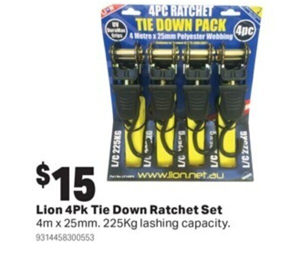 Lion 4Pk Tie Down Ratchet Set offer at Mitre 10